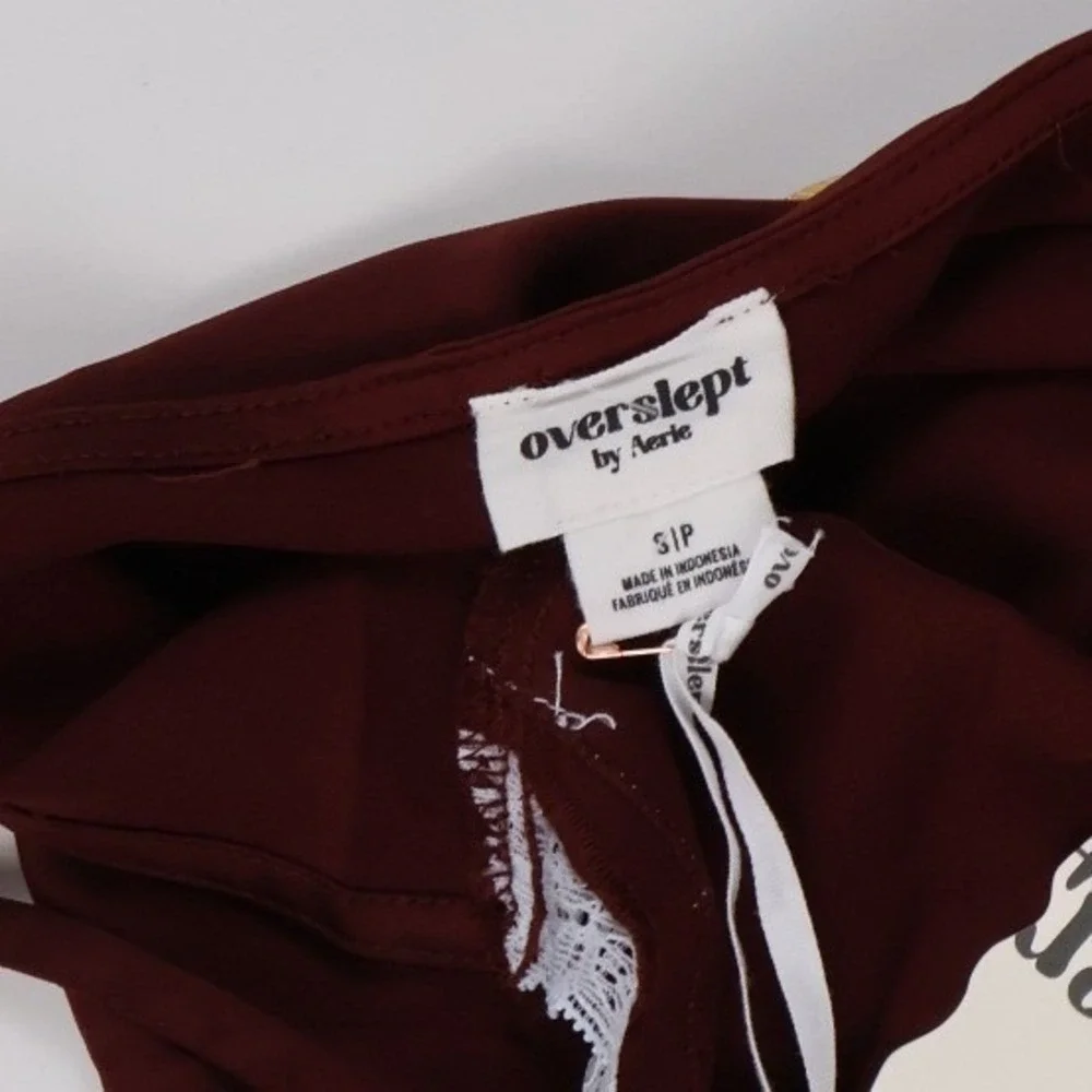 Overslept by Aerie Lace Trim Satin Chemise Nightgown Burgundy Red Small NWT